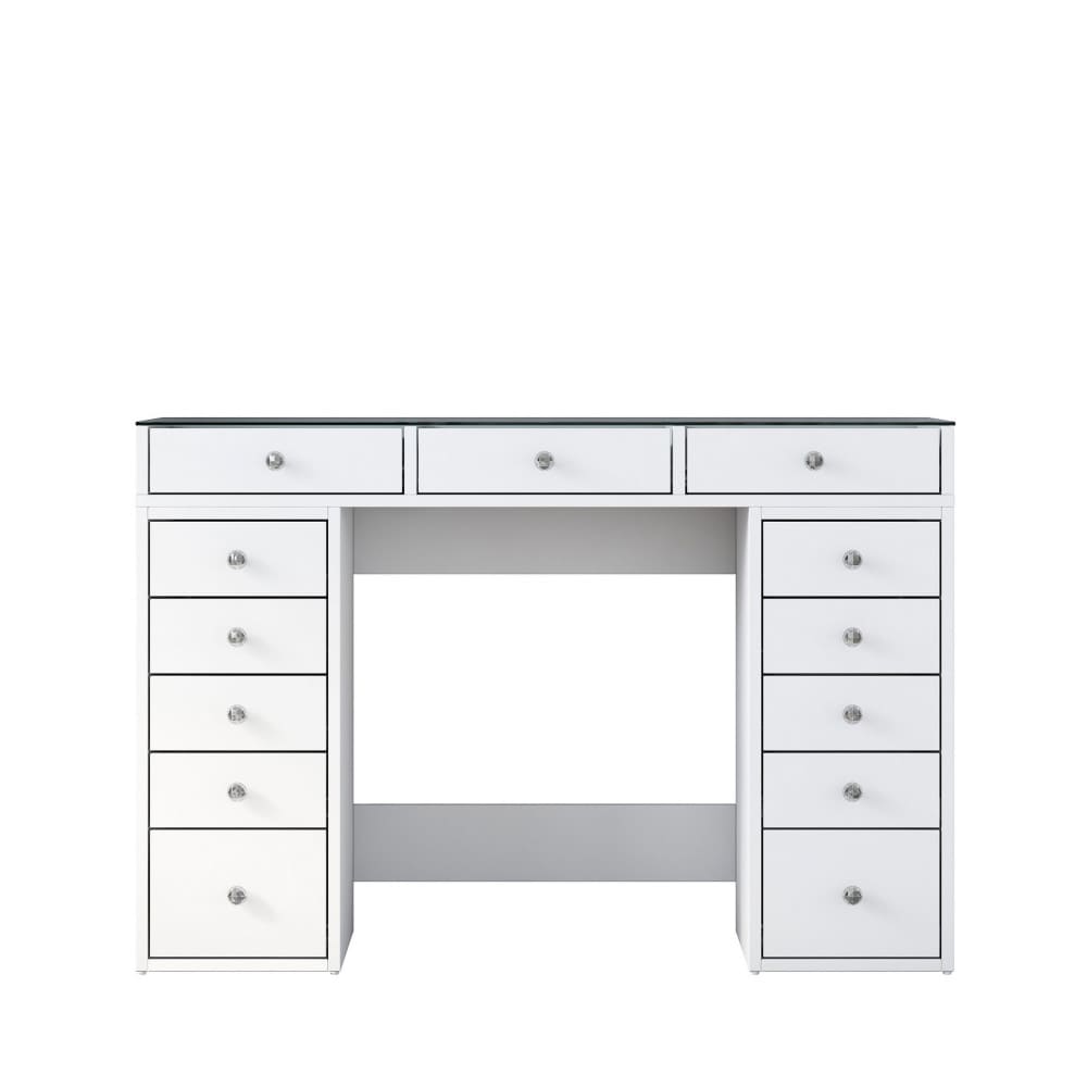 Coiffeuse 13 tiroirs avec plateau en verre L120cm - Blanc