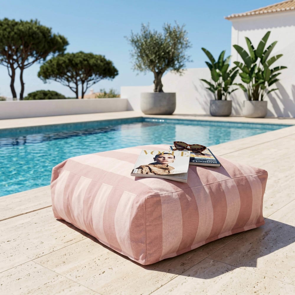 Pouf rayé pour salon de jardin modulable rose poudré