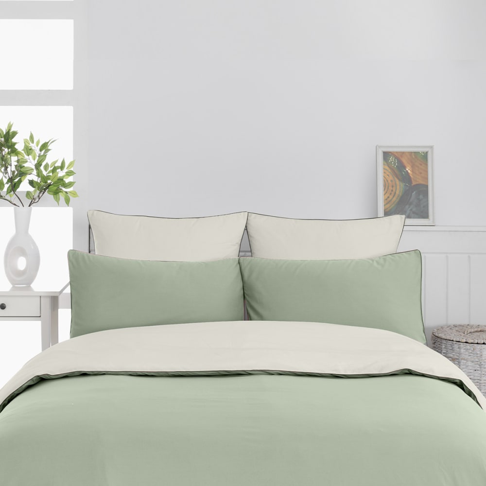 Parure de lit + 2 taies rectangles Sauge/Ecru 200x200 cm