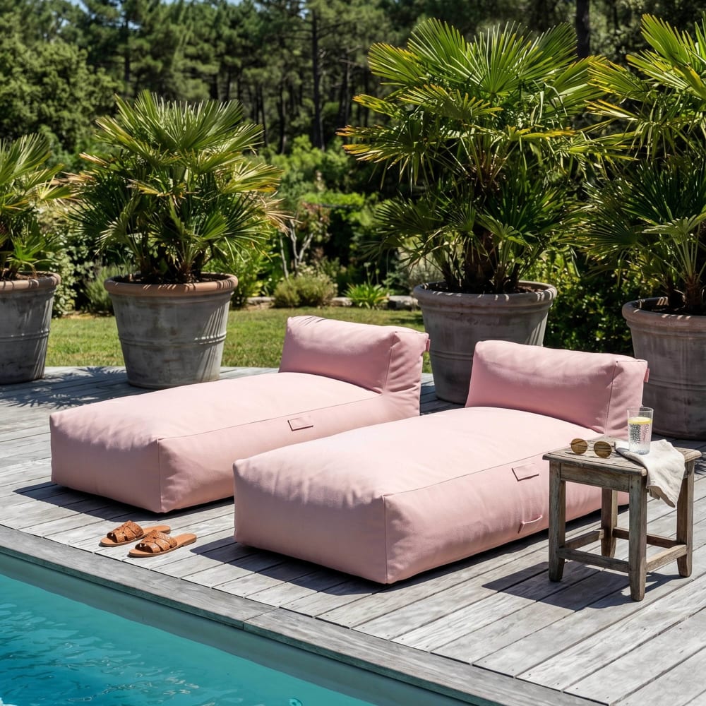 Salon de jardin modulable avec 2 méridiennes rose poudré