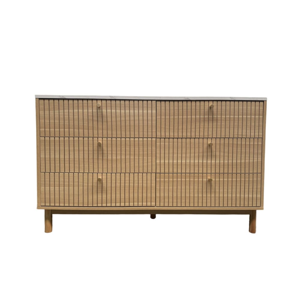Buffet 6 tiroirs aspect bois rainuré et marbre 120cm