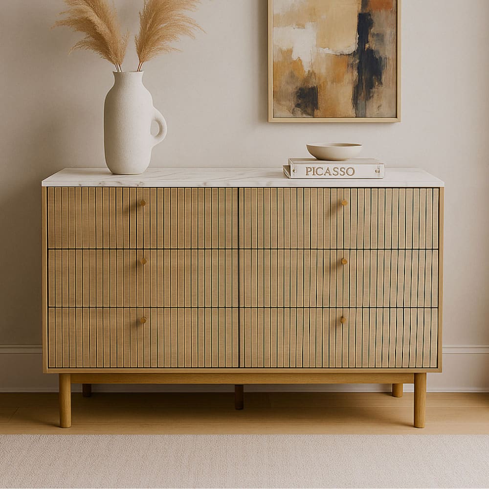 Concept Usine Sideboard mit 6 Schubladen in Holzoptik mit Rillen und Marmor 120 cm style modern Braun Holz