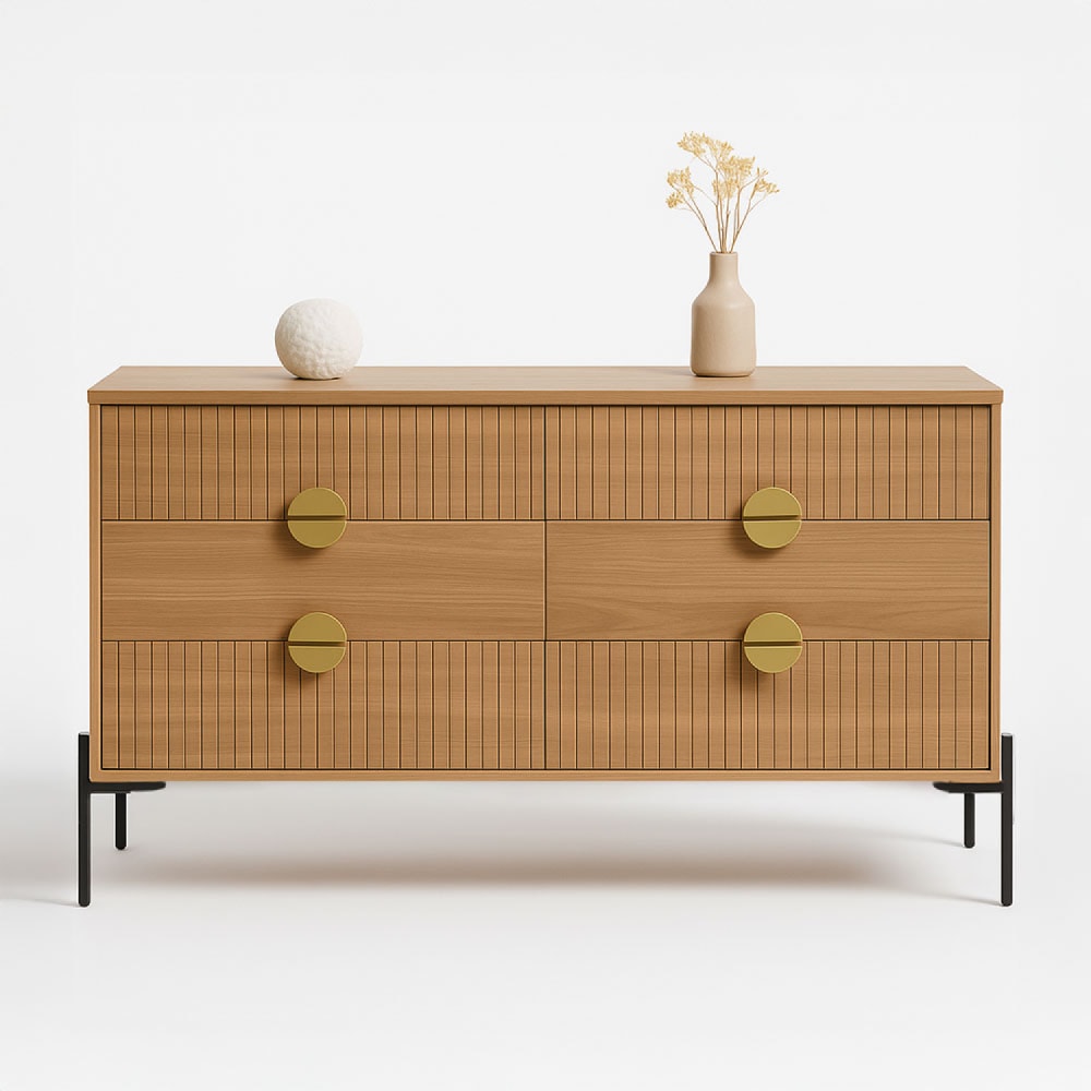 Commode 6 tiroirs décor bois rainuré 124cm