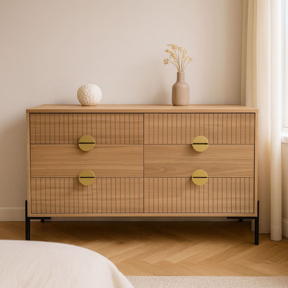 Kommode mit 6 Schubladen in Holzoptik mit Rillen 124 cm - Maisons