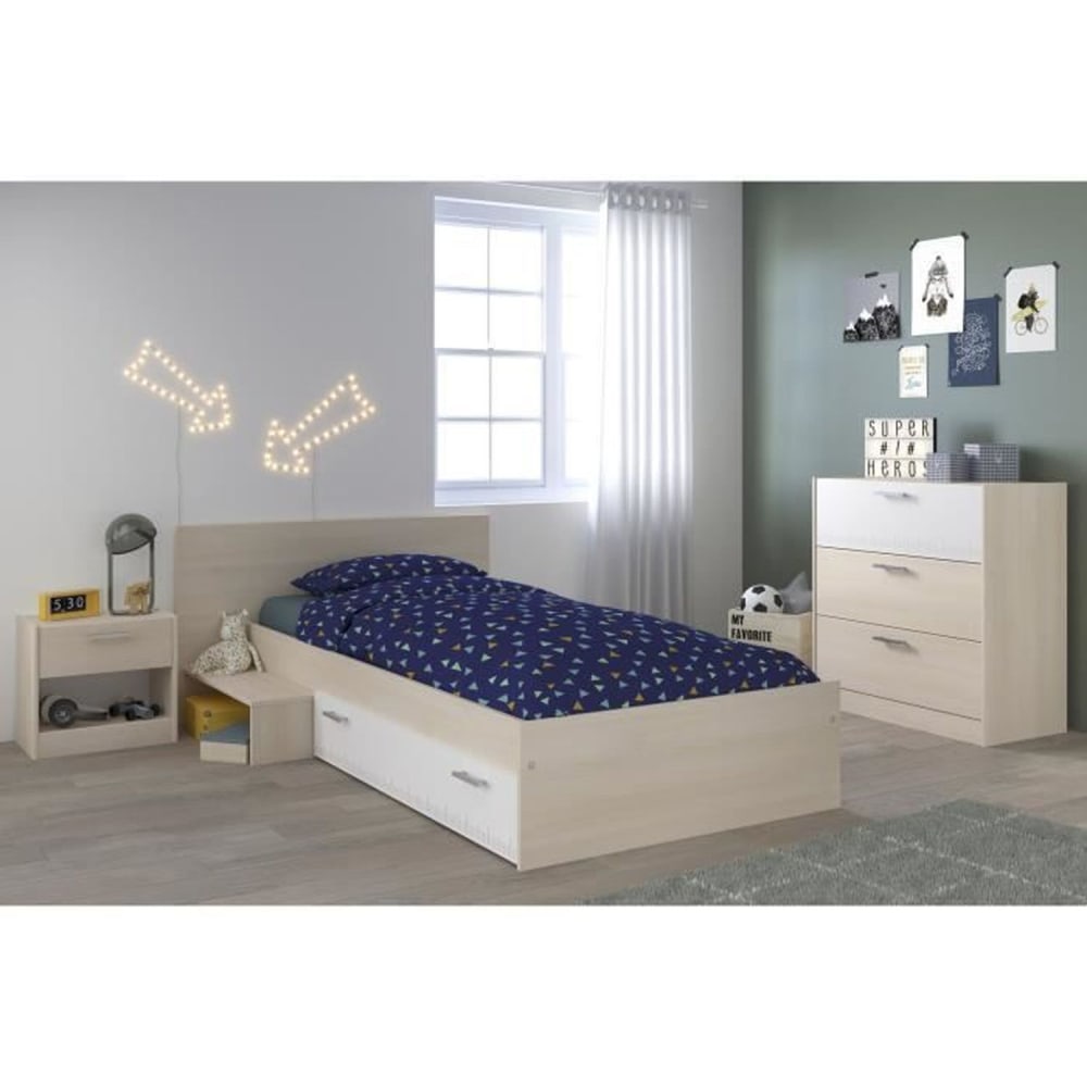 Lit enfant réversible + chevet + commode 3 tiroirs - 121 x 193 x