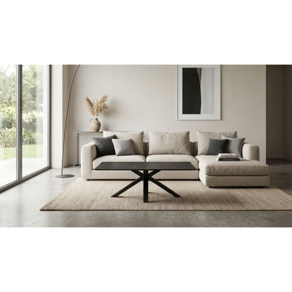 Table basse 120x60 cm céramique noir marbré pied croix