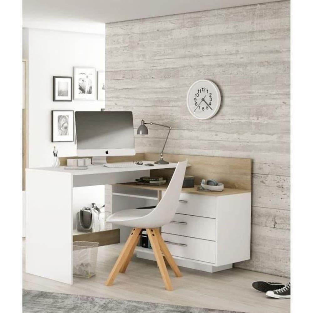 Bureau d'angle 3 tiroirs - chêne et blanc - 128,5 x 105,7 x 83,2 cm -