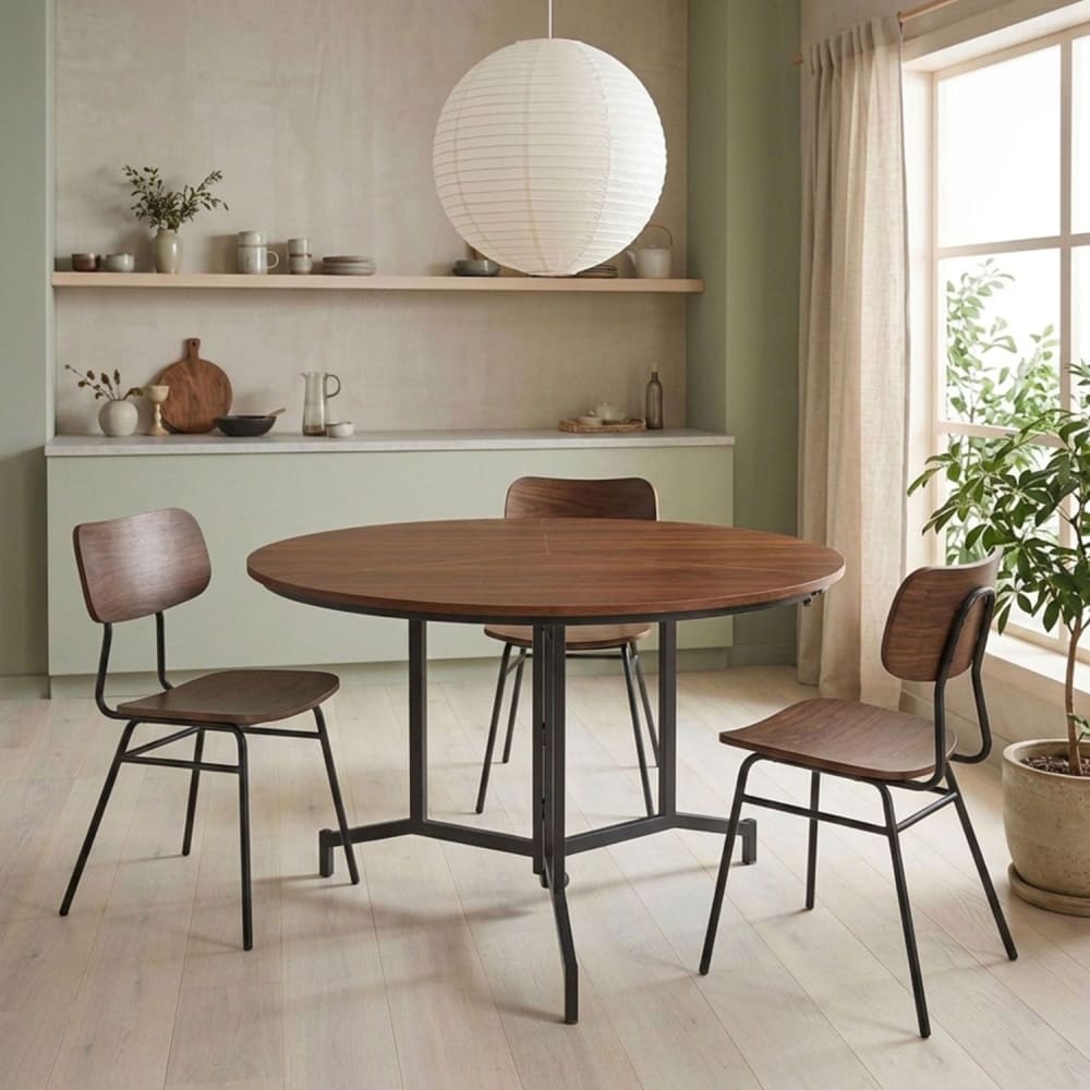 Table ronde pliable gain de place 120cm métal et plateau 3 parties