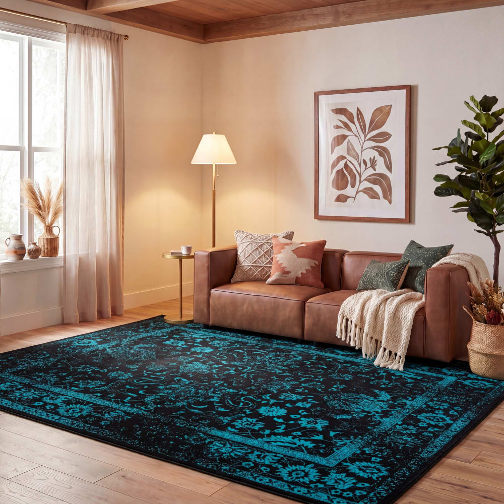 Distressed Vintage Polypropylen-Teppich in Schwarz/Blau, 122 x