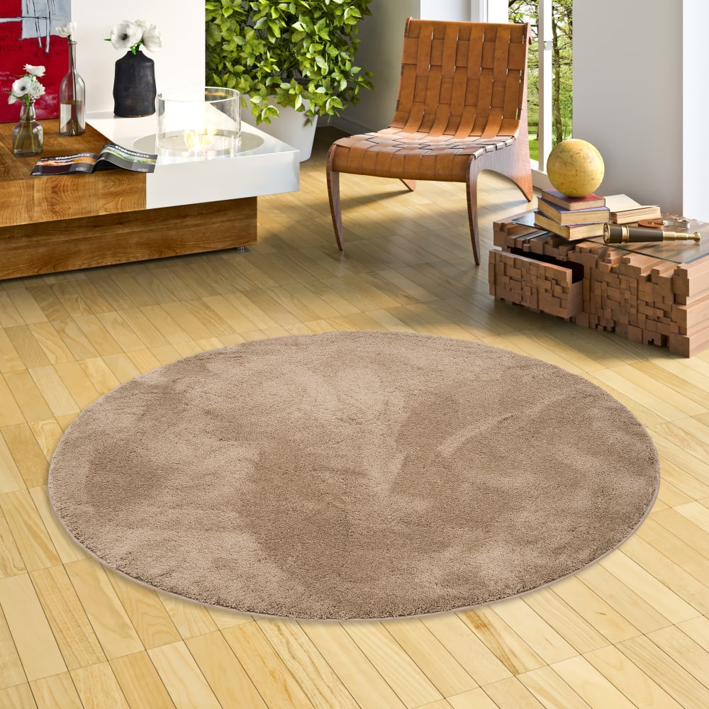 Tapis à poils longs doux rond taupe 120x120 cm — vue 3