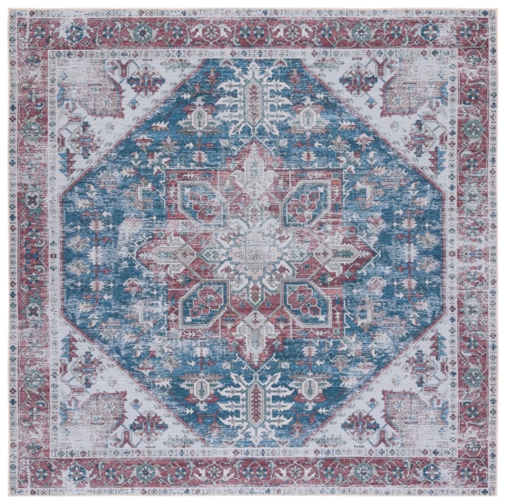 Tapis géométrique en polyester bleu/rouge, 122 x 122 cm