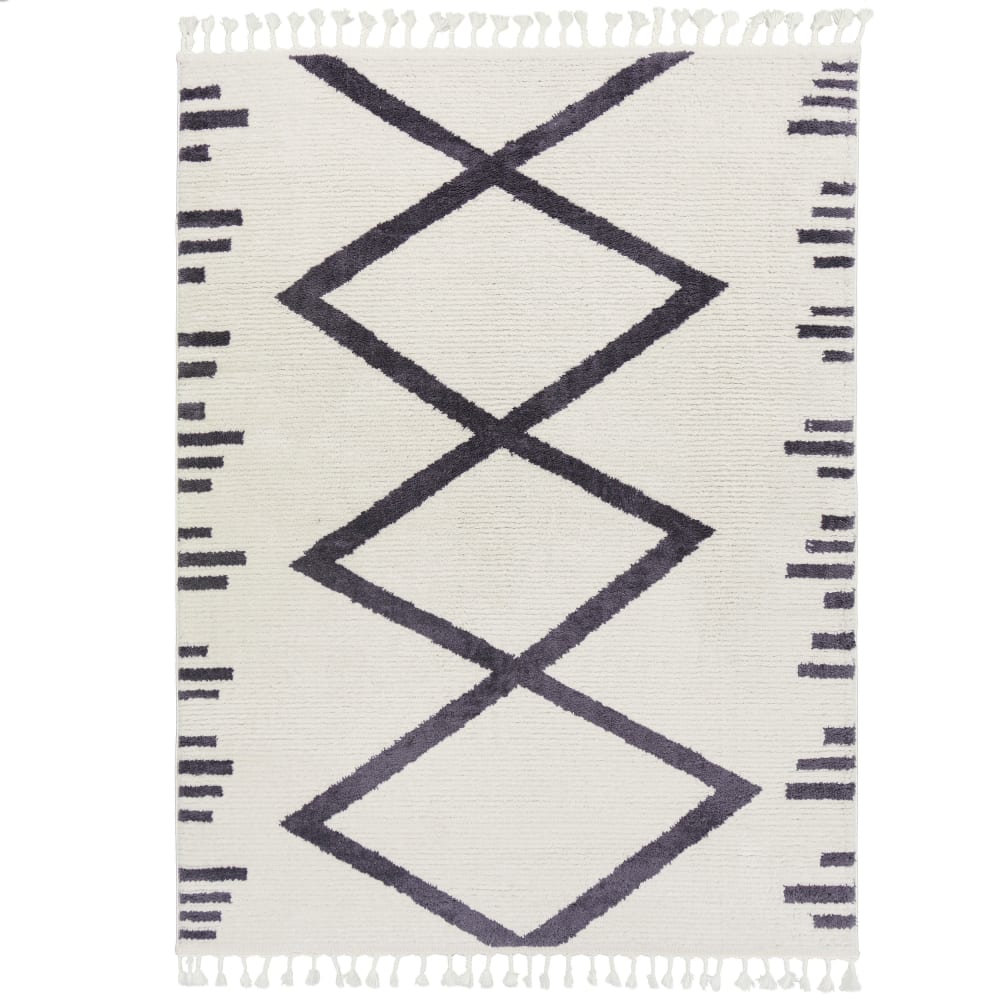 Tapis bohème à franges blanc écru et anthracite 120x170cm