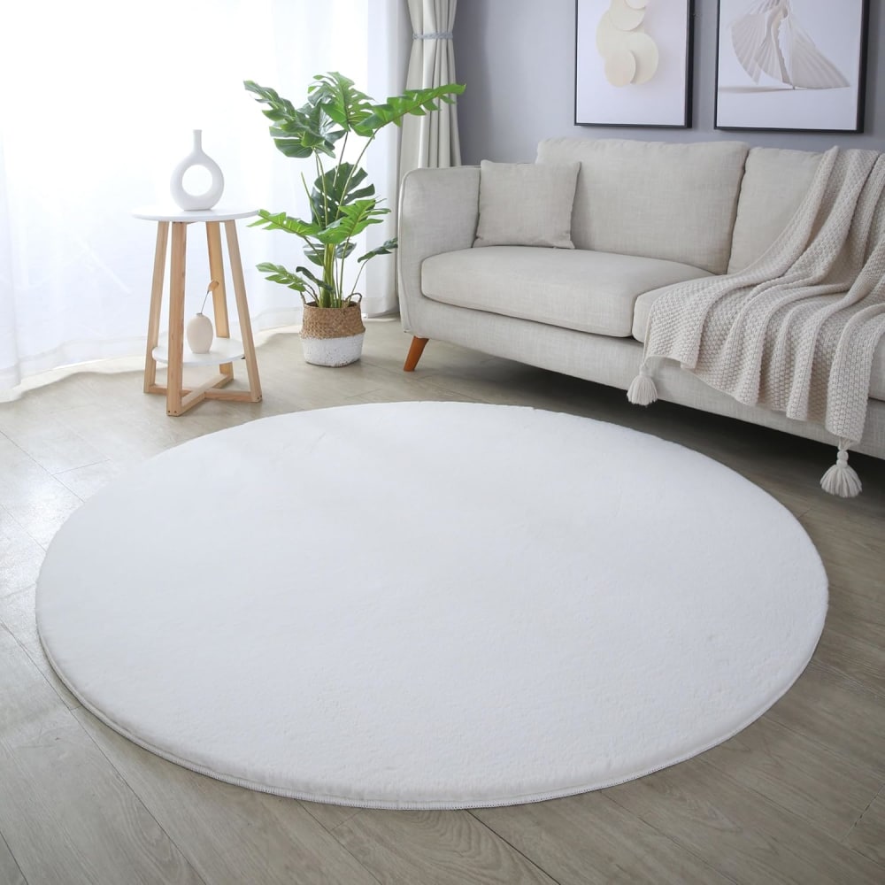 Tapis rond fausse fourrure toucher doux crème 120x120cm — vue 3