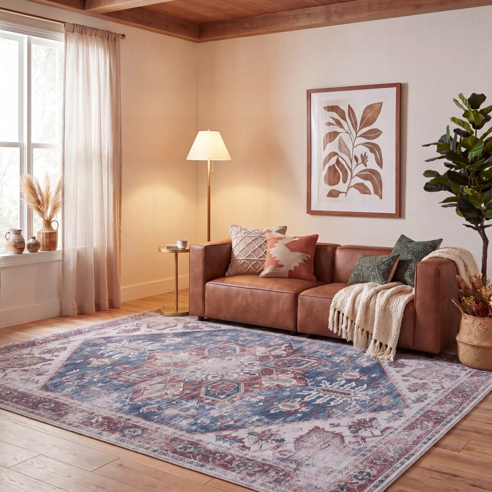 Tapis géométrique en polyester bleu/rouge, 122 x 183 cm — vue 3