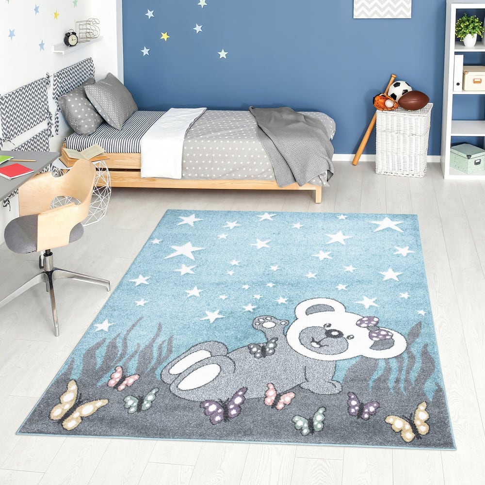 Tapis pour chambre d'enfant Ourson Bleu et Blanc 120x160cm