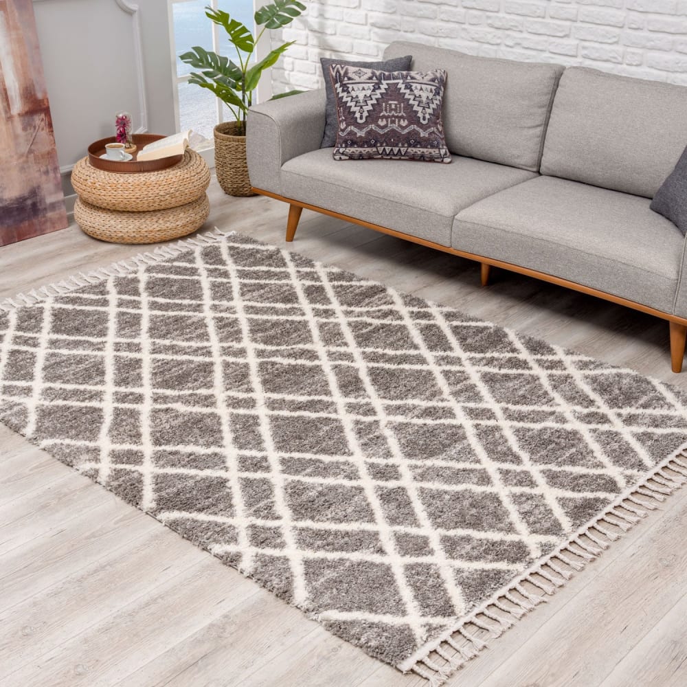 Tapis moelleux à franges tressées Berbère gris 120x160cm