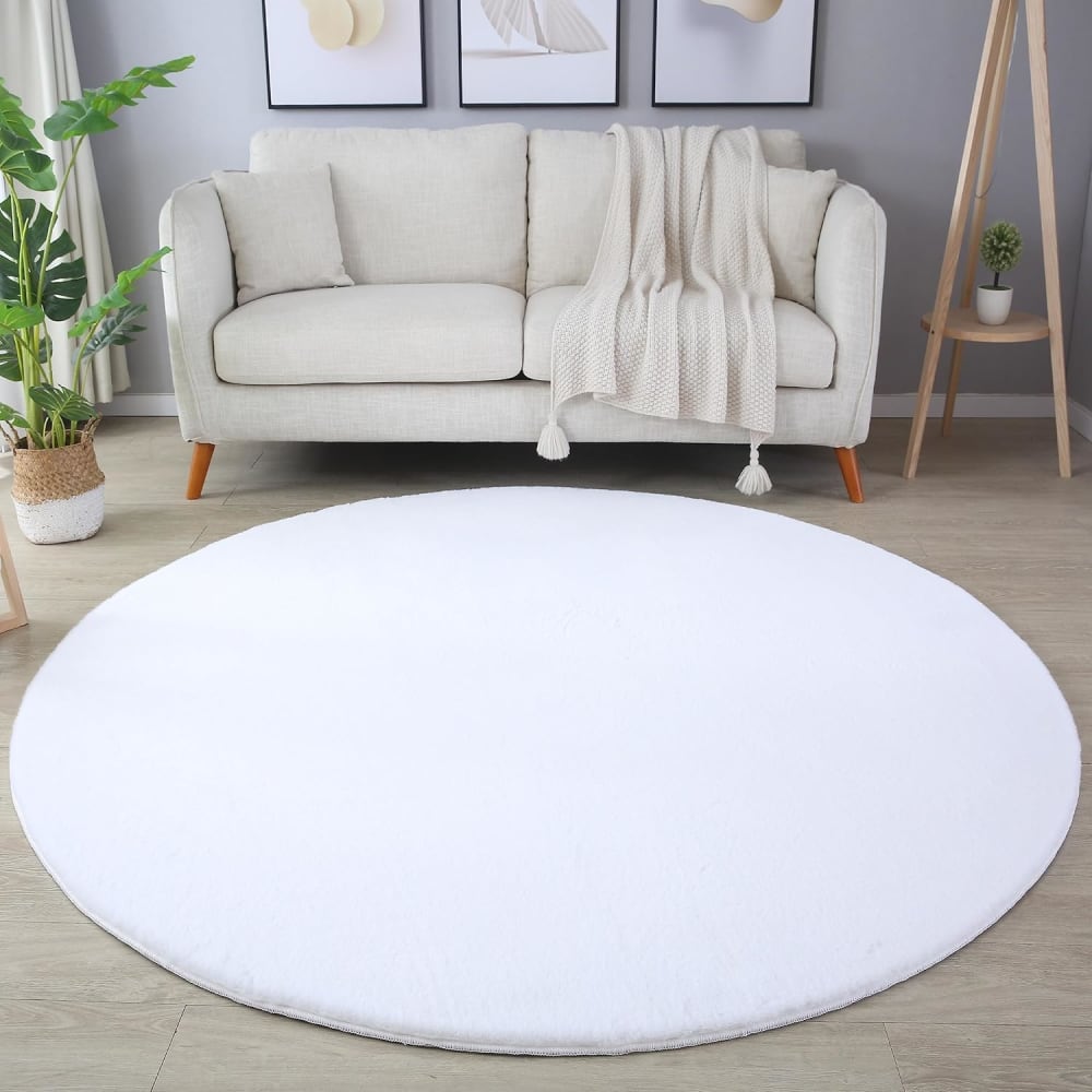 Tapis rond fausse fourrure toucher doux blanc 120x120cm — vue 3