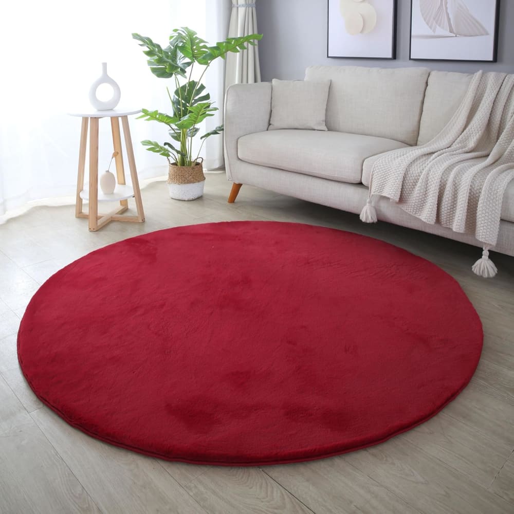 Tapis rond fausse fourrure toucher doux rouge 120x120cm — vue 3