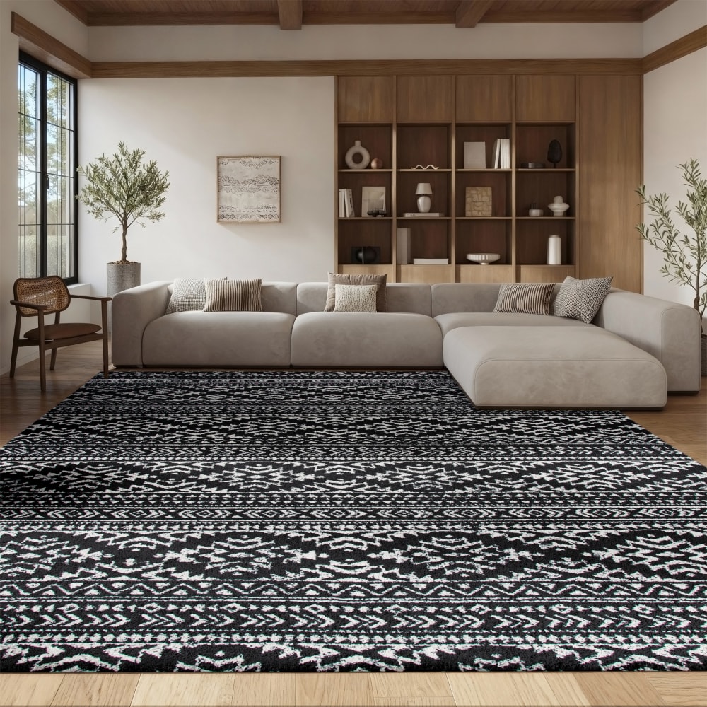 Tapis bohémien en polypropylène noir/blanc, 122 x 183 cm — vue 3