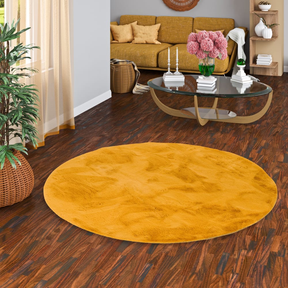 Tapis rond en fausse fourrure jaune curry 120x120 cm — vue 3