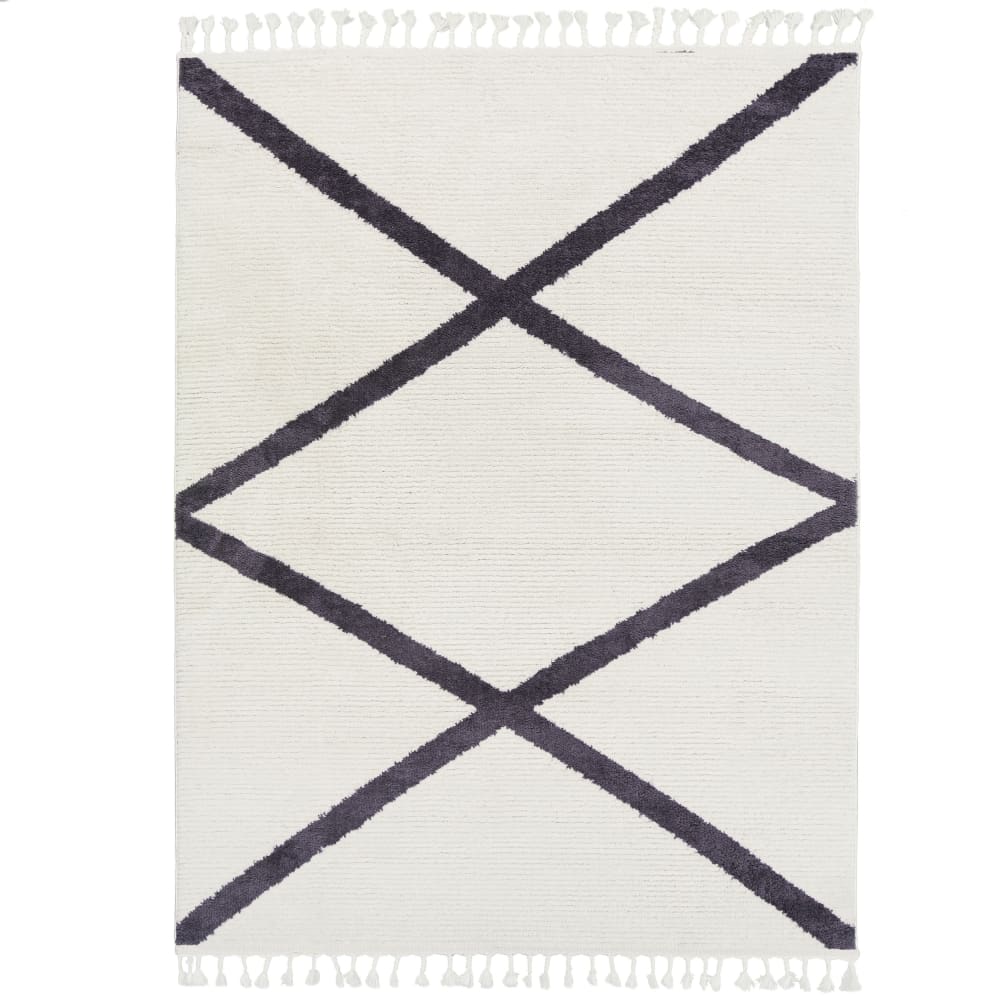 Tapis bohème à franges blanc écru et anthracite 120x170cm