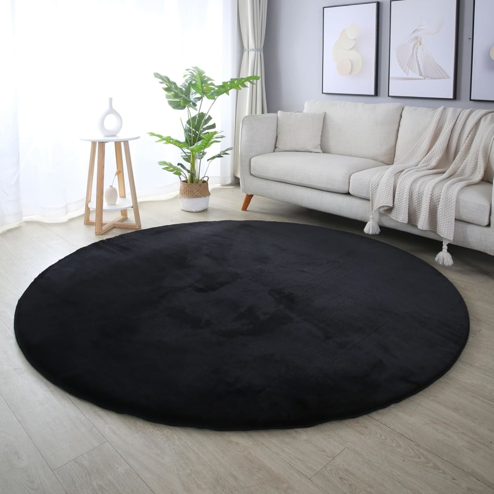 Tapis rond fausse fourrure toucher doux noir 120x120cm — vue 3