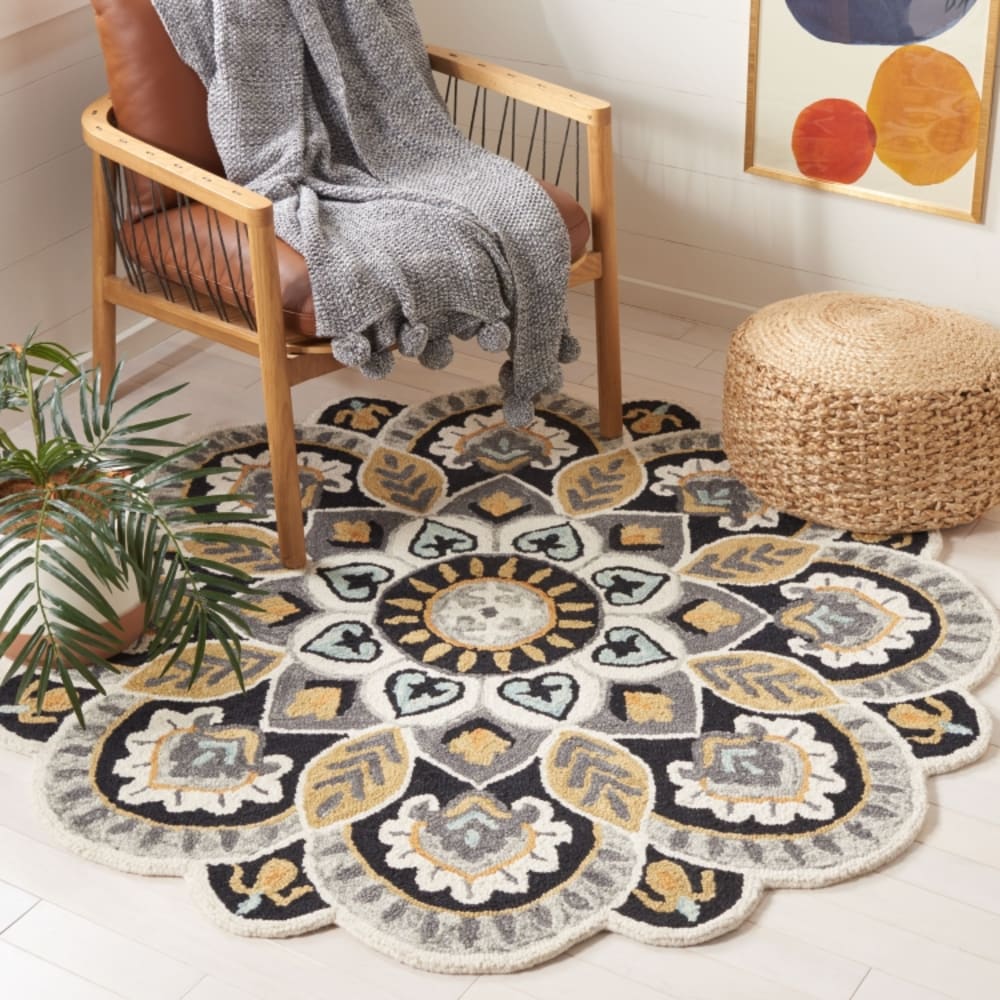 Tapis traditionnel en laine blanc/noir, 122 cm — vue 4