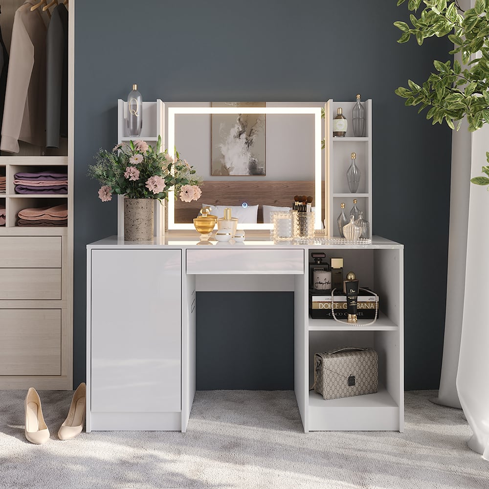 Coiffeuse 4 parties blanc/blanc brillant 128.2x76cm