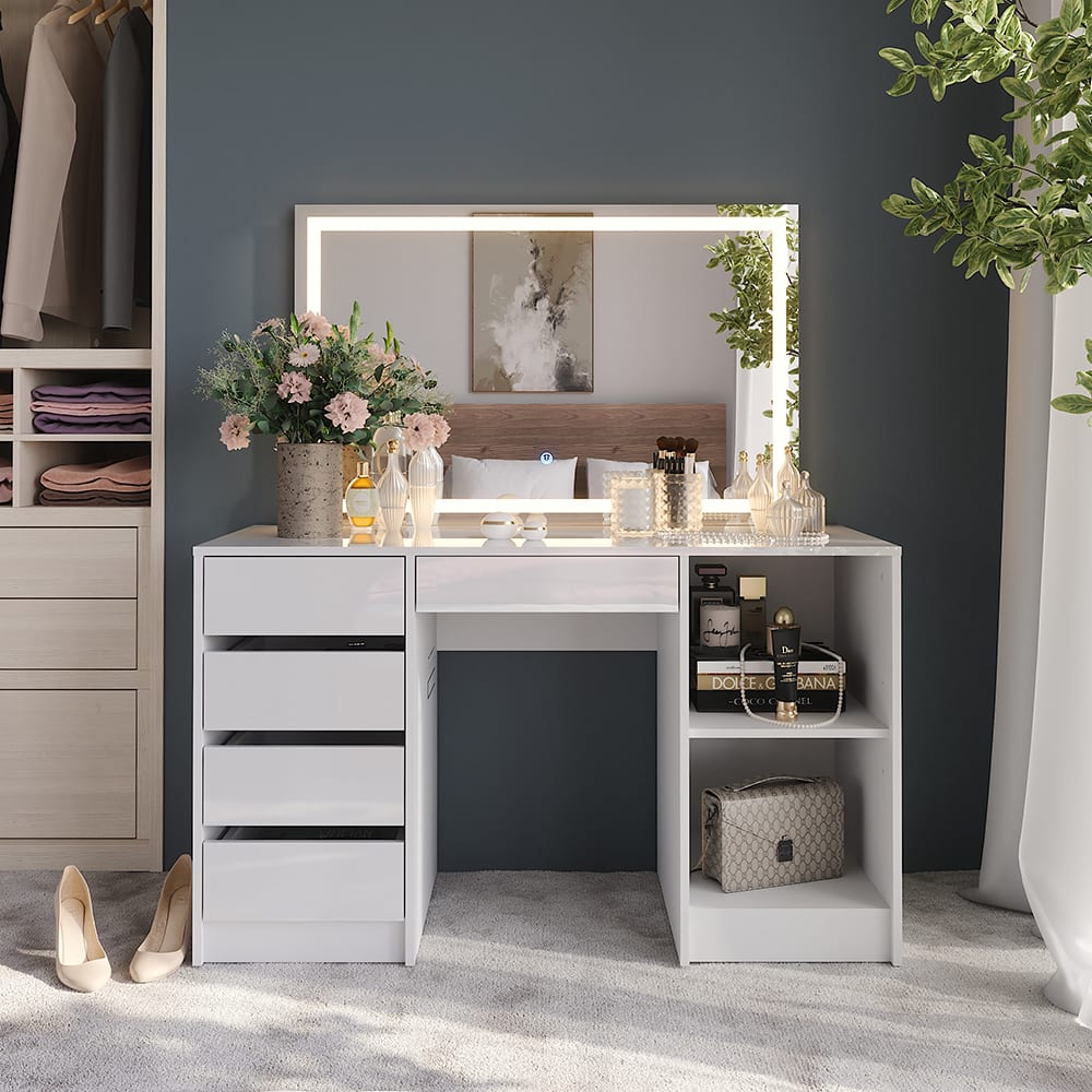 Coiffeuse avec miroir LED blanc/blanc brillant 128.2x76cm