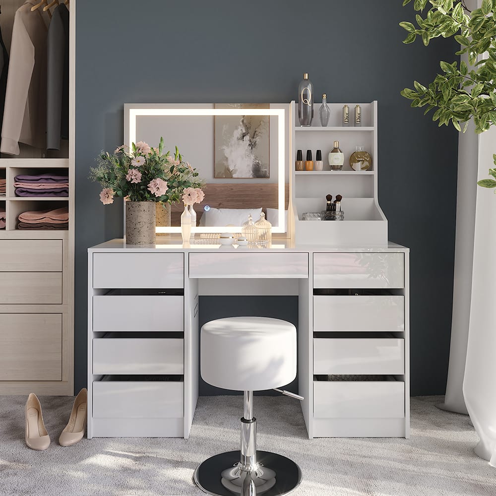 Coiffeuse 4 parties blanc/blanc brillant 128.2x76cm