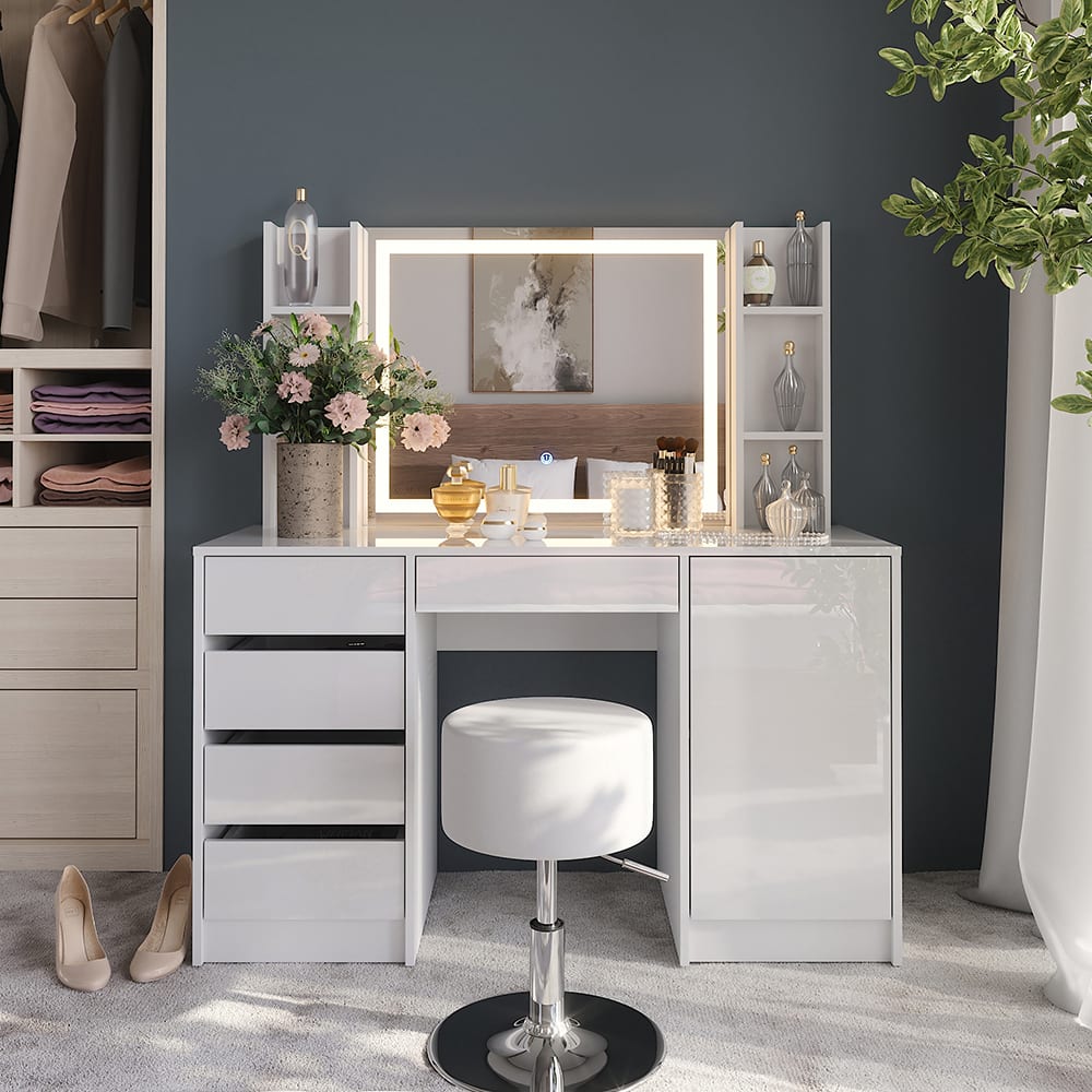 Coiffeuse 8 pièces blanc/blanc brillant 128.2x76cm