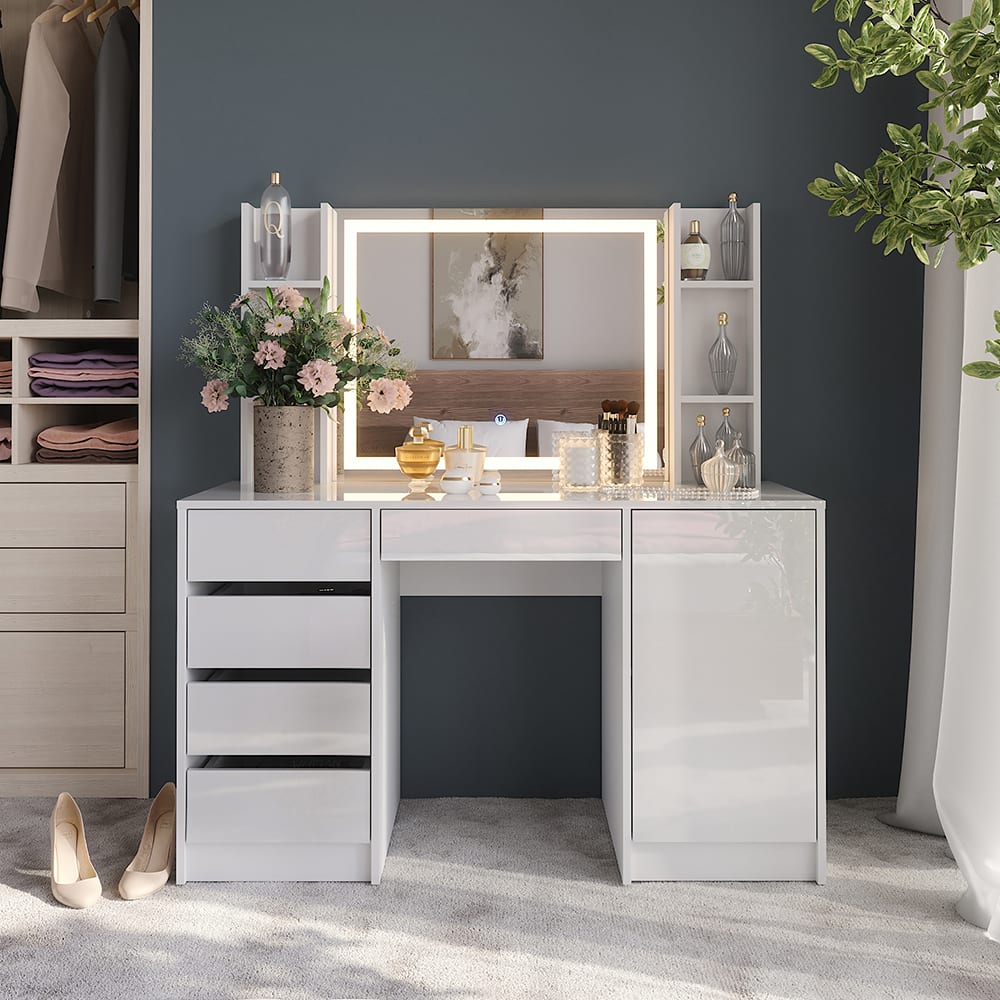 Coiffeuse 4 parties blanc/blanc brillant 128.2x76cm