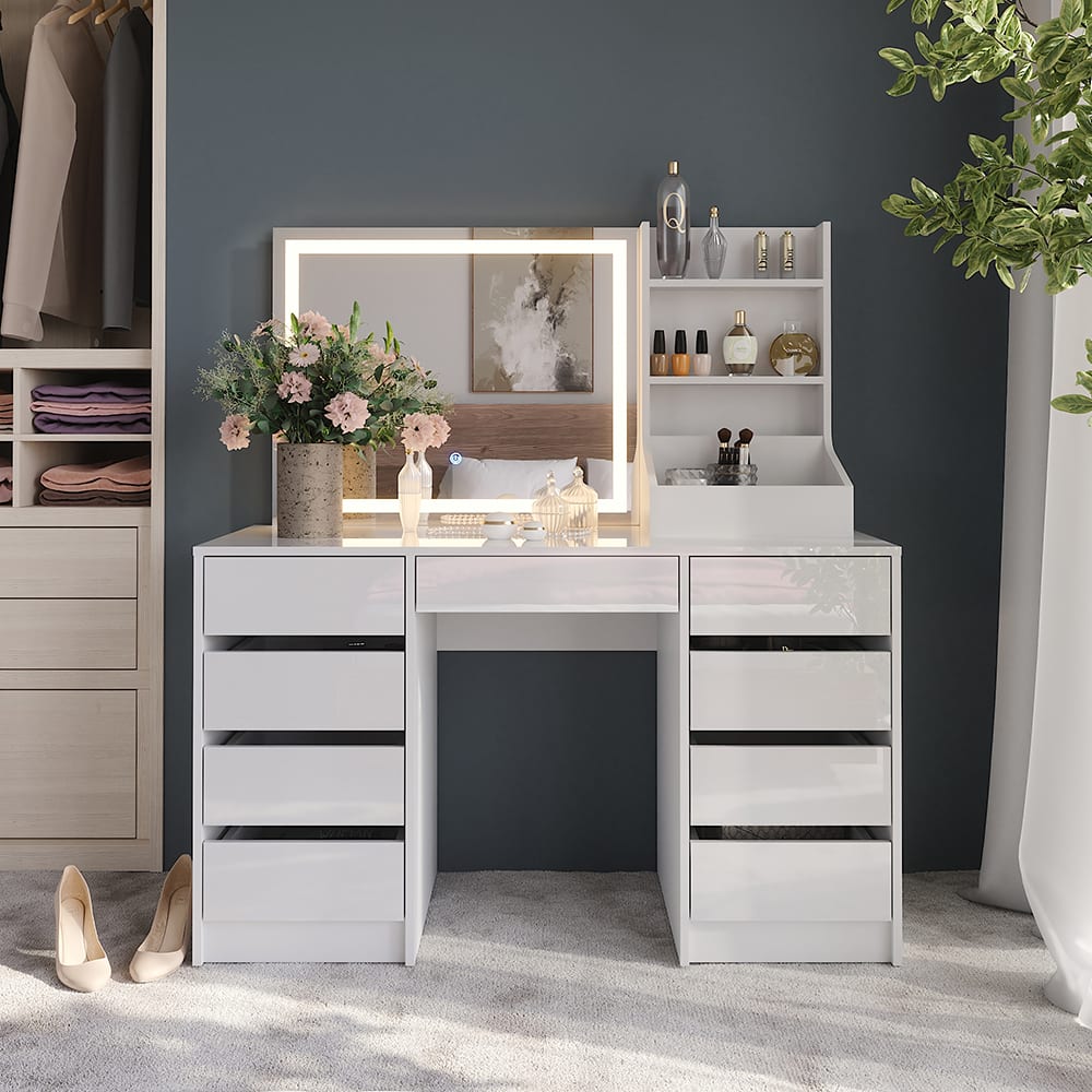 Coiffeuse 3 parties blanc/blanc brillant 128.2x76cm