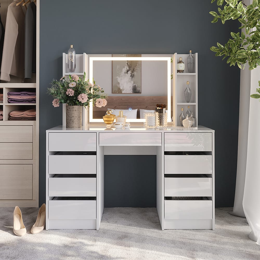 Coiffeuse 4 parties blanc/blanc brillant 128.2x76cm