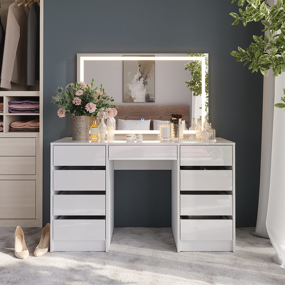 Coiffeuse avec miroir LED blanc/blanc brillant 128.2x76cm