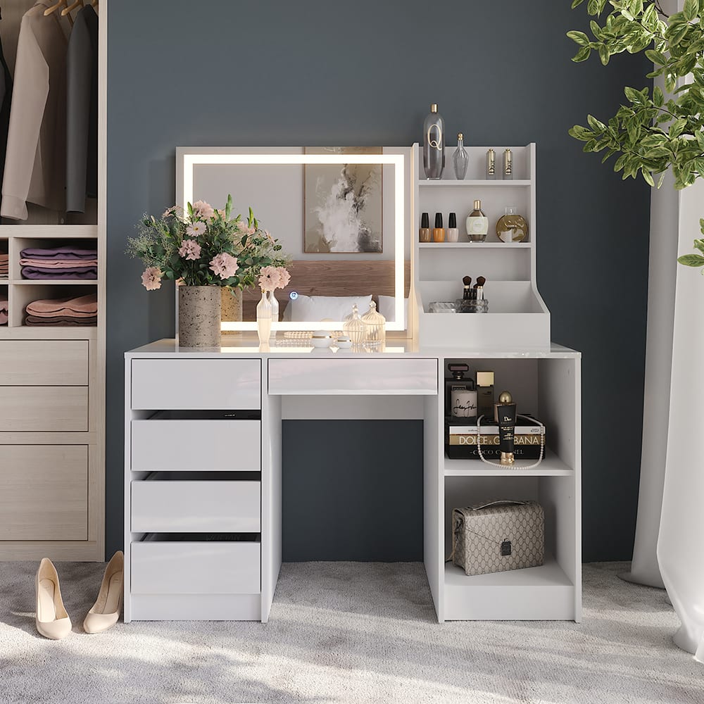Coiffeuse 3 parties blanc/blanc brillant 128.2x76cm