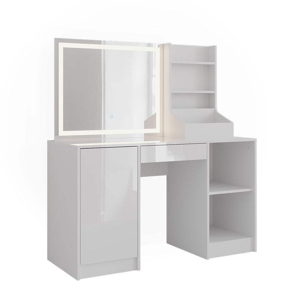 Coiffeuse avec miroir LED blanc/blanc brillant 128.2x76cm
