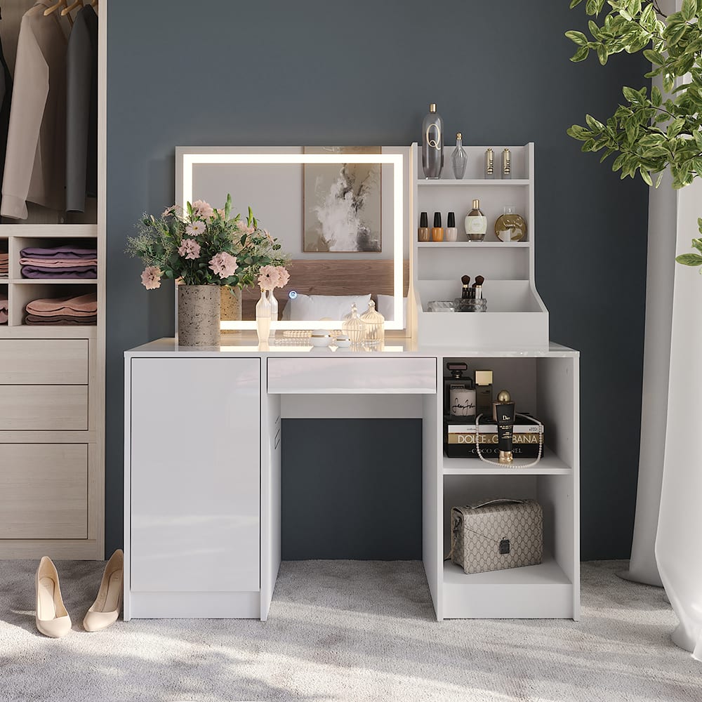 Coiffeuse avec miroir LED blanc/blanc brillant 128.2x76cm