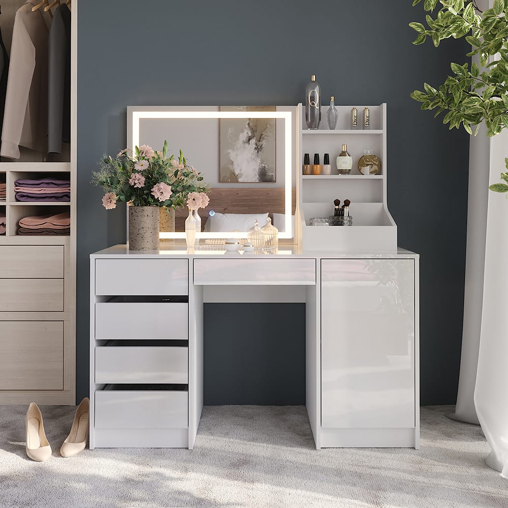 Coiffeuse 4 parties blanc/blanc brillant 128.2x76cm