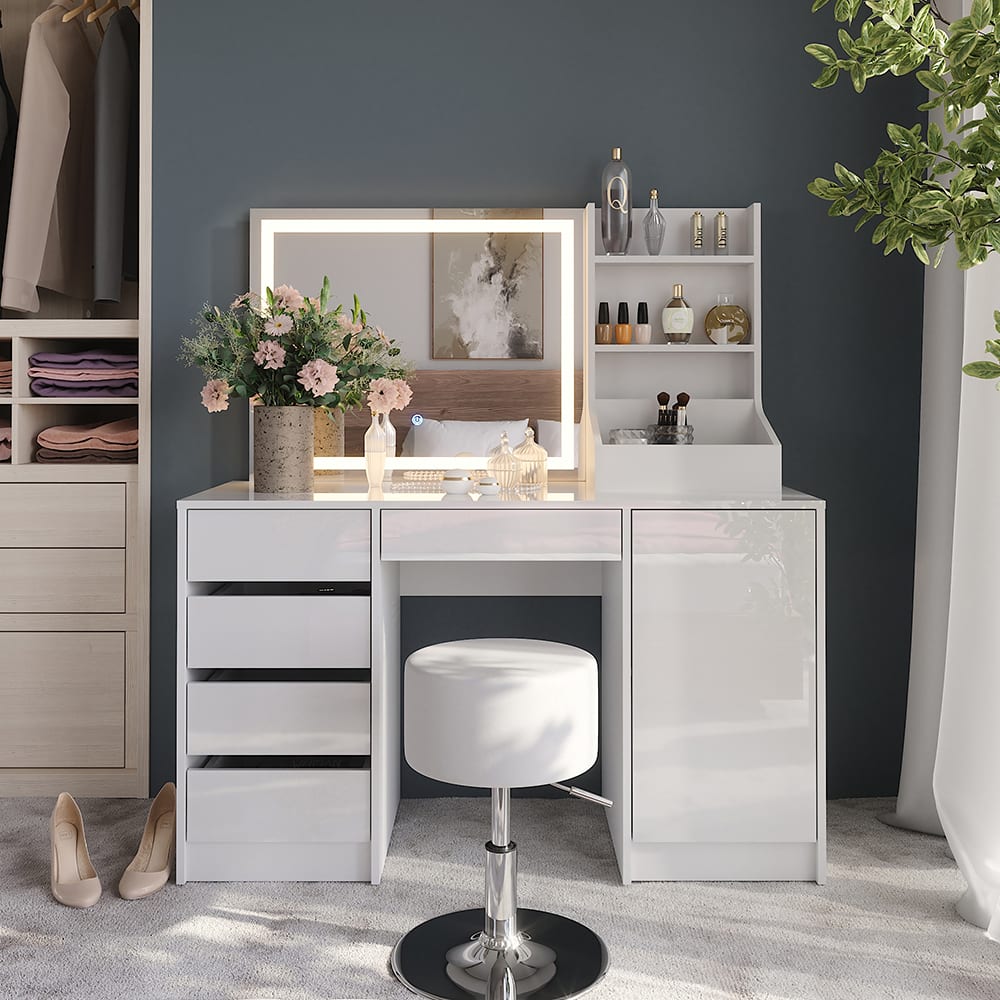 Coiffeuse 4 parties blanc/blanc brillant 128.2x76cm