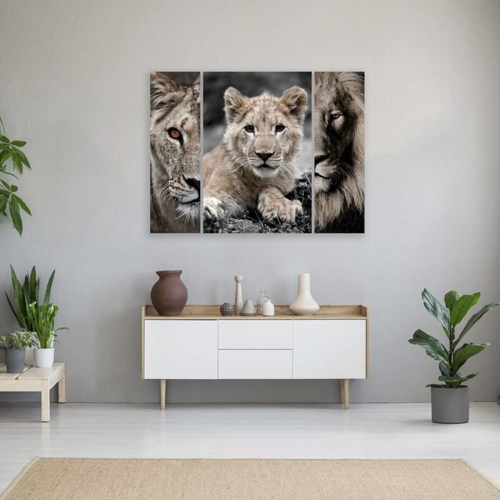 Triptyque sur toile famille de lions 125x97 cm