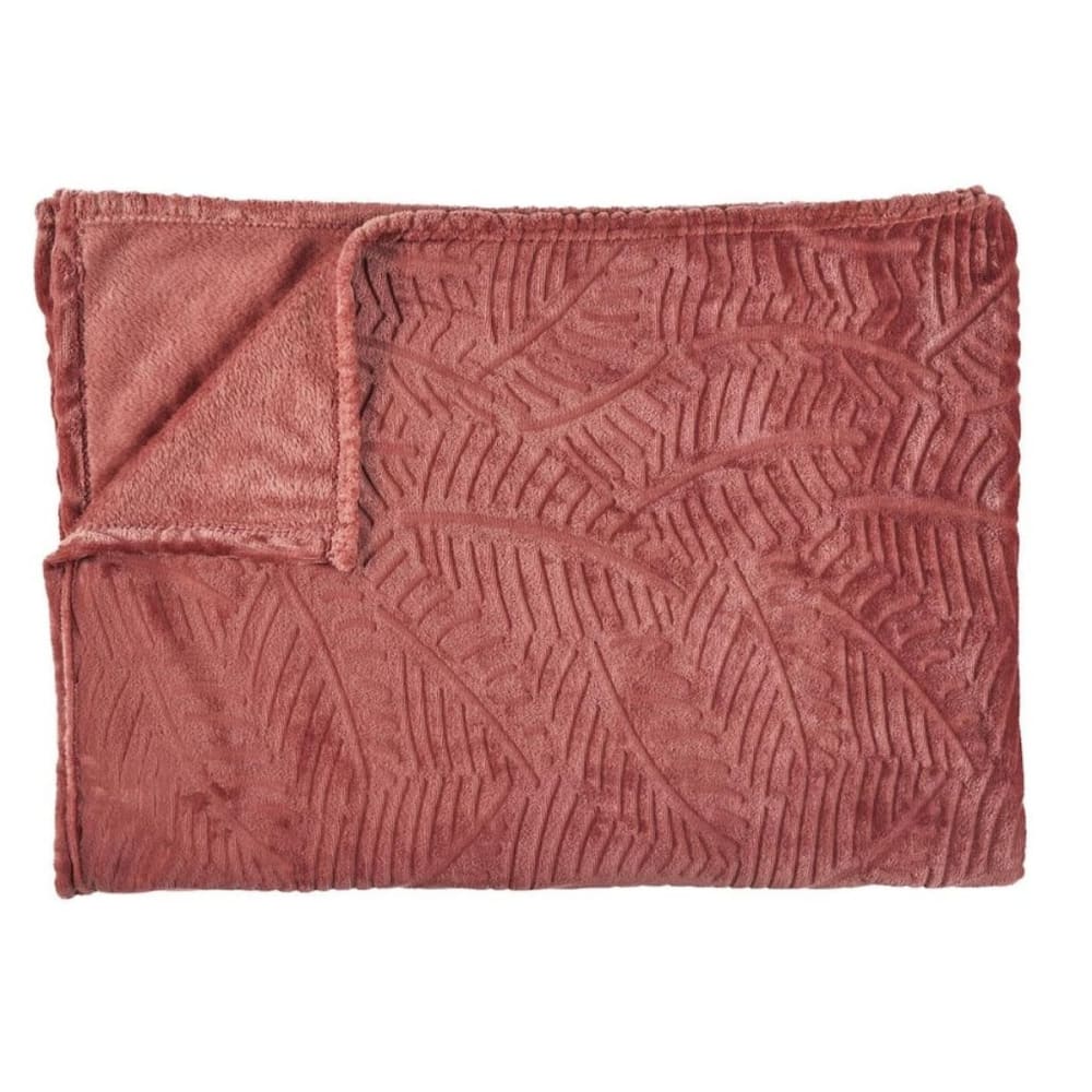 Plaid  flanelle 120x150cm embossé motif feuilles terracota
