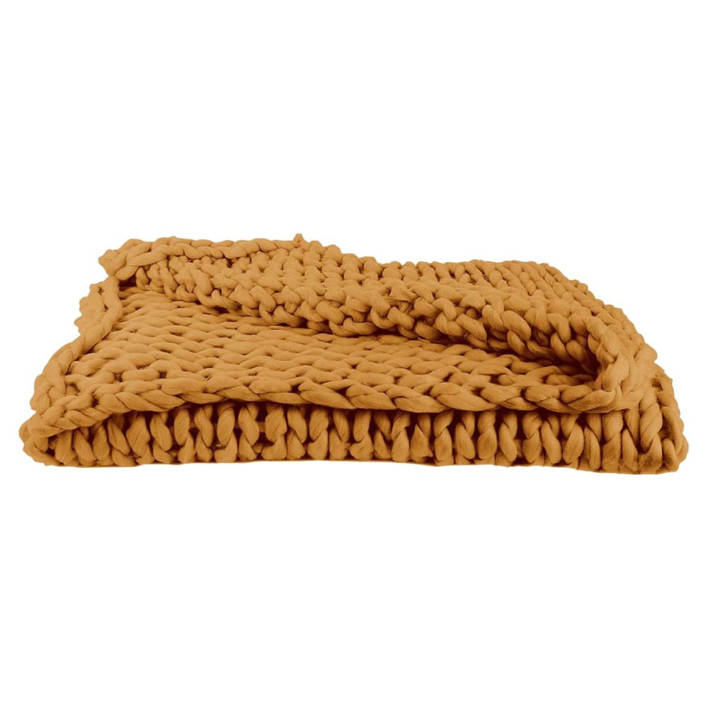Plaid  chunky 120x150cm grosse maille tressée coloris ocre