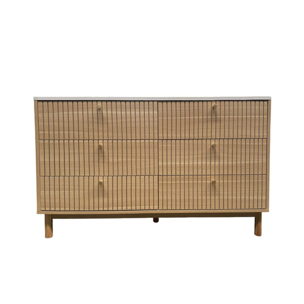 Buffet 6 tiroirs aspect bois rainuré et blanc 120cm
