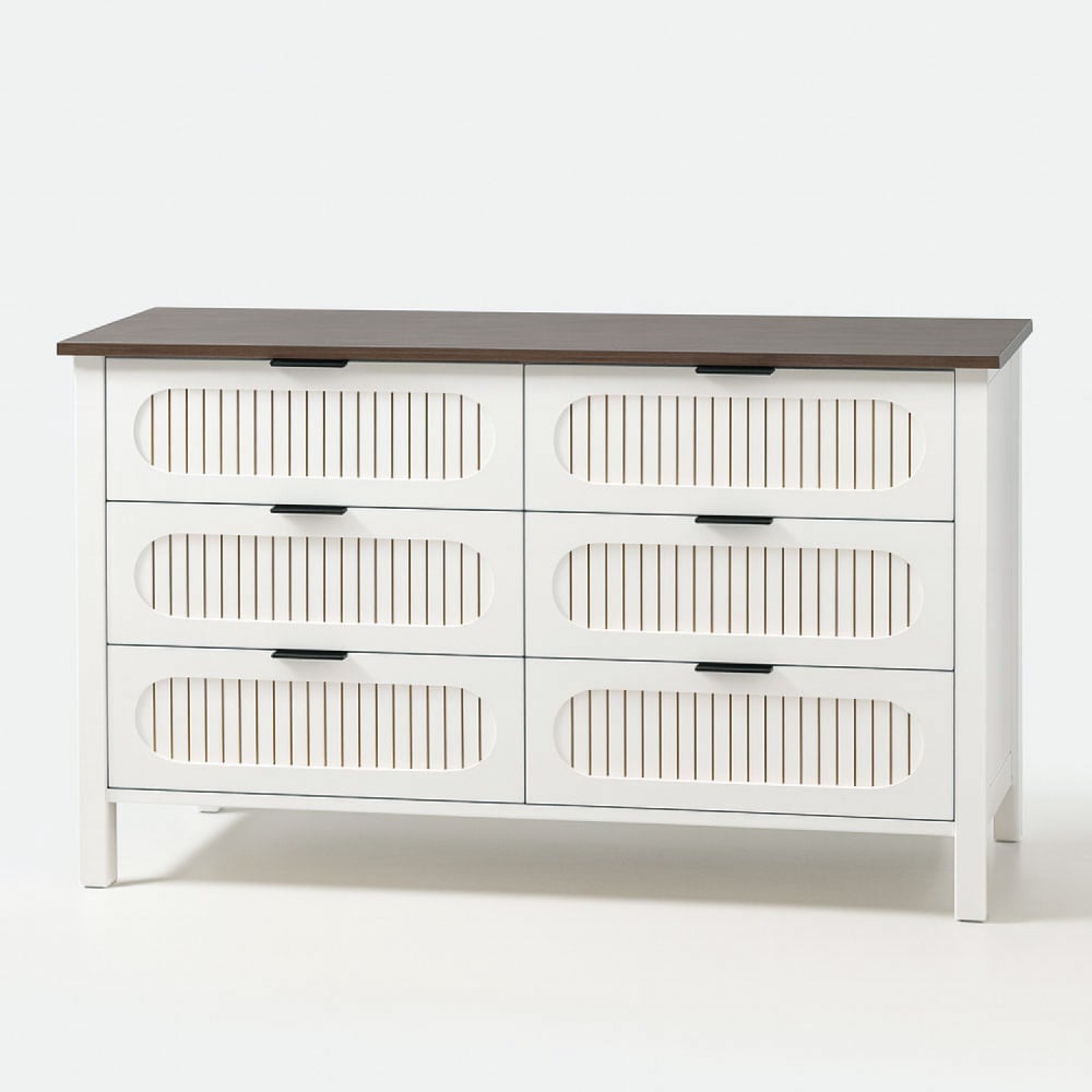 Commode 6 tiroirs blanc rainuré et bois 120cm