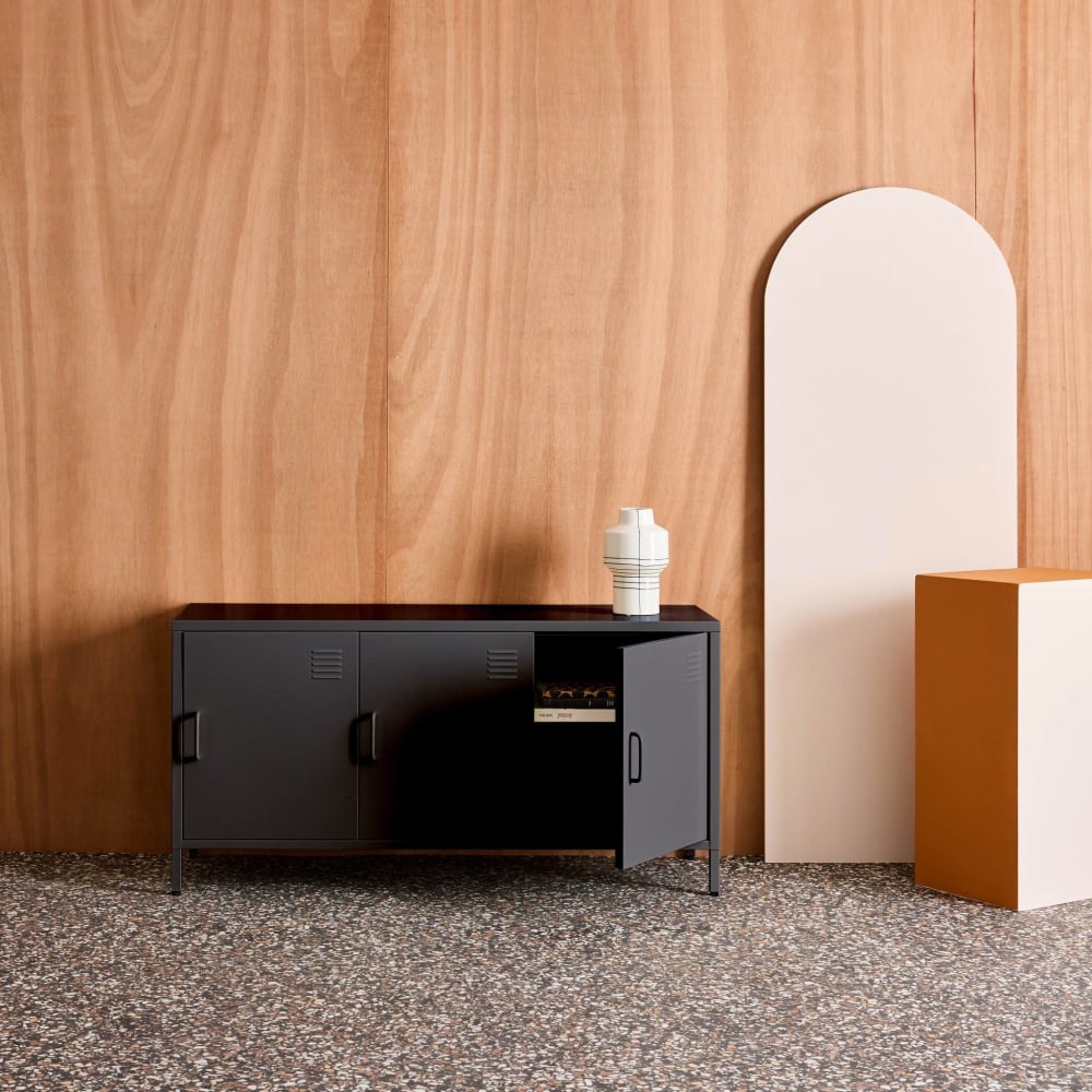 Meuble tv industriel métal noir 3 portes 120cm