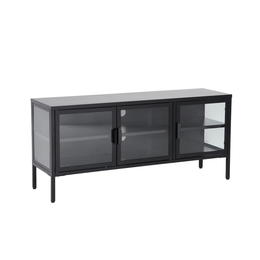 Meuble tv industriel métal et verre trempé 3 portes 120cm noir