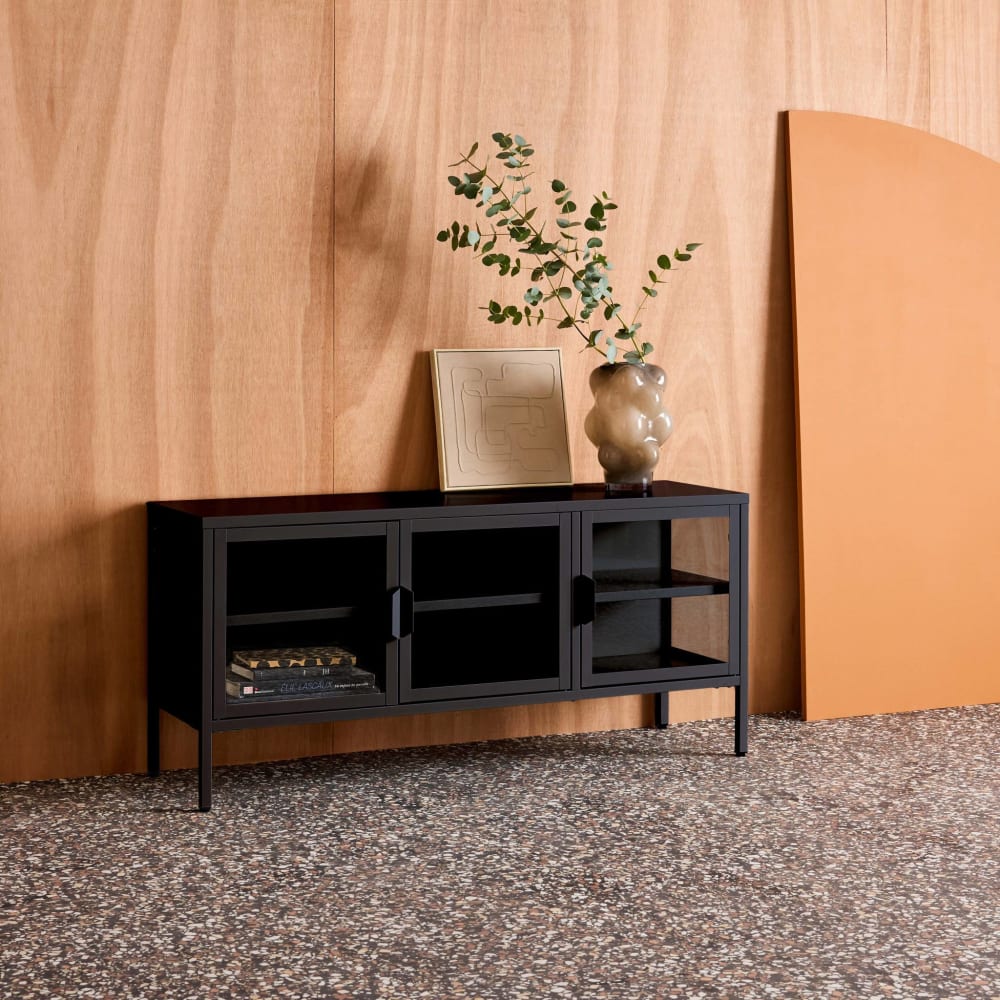 Meuble tv industriel métal et verre trempé 3 portes 120cm noir