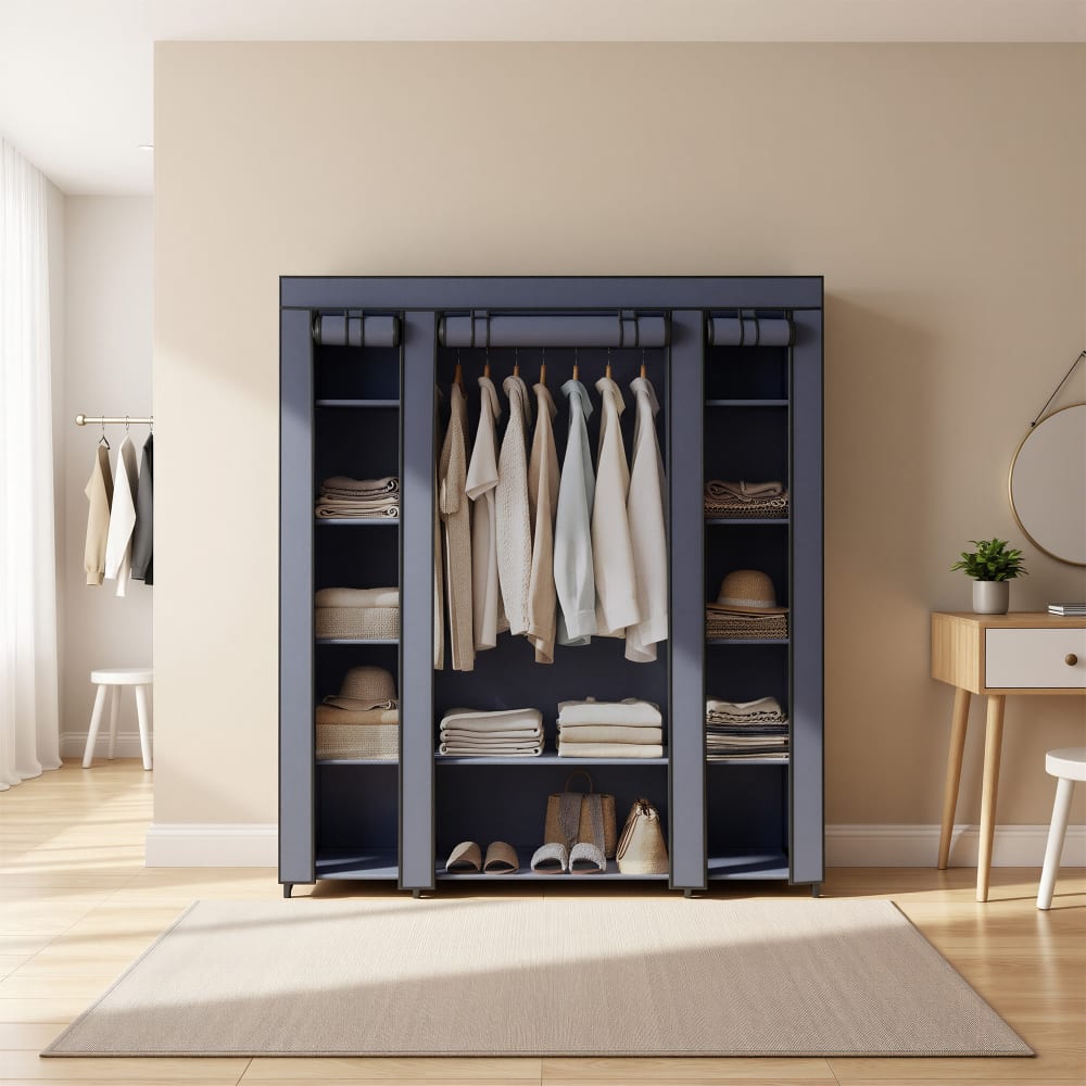 Armoire en tissu avec 12 compartiments 150 x 45 x 175 cm bleu
