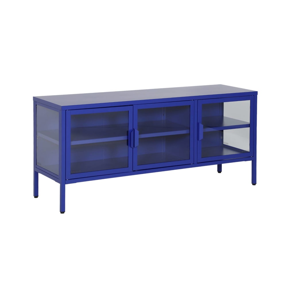 Meuble tv industriel métal et verre trempé 3 portes 120cm bleu